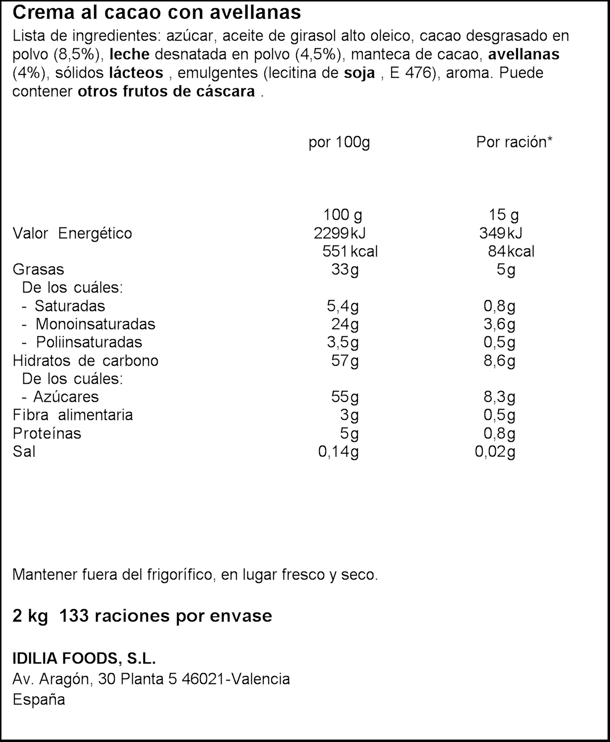 Ficha Alimentaria del Producto